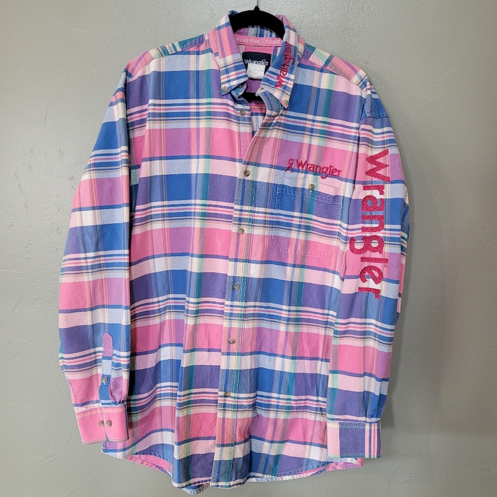 Vintage Wrangler Plaid Breast Cancer Shirt